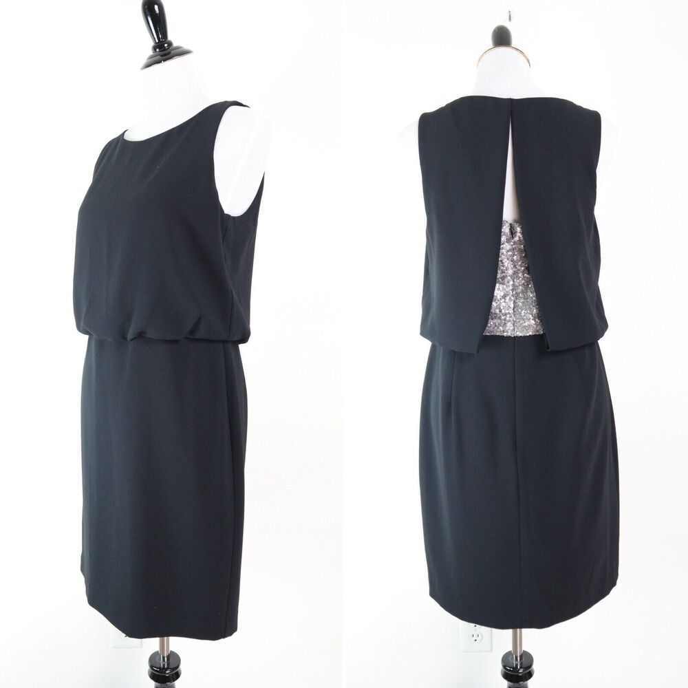 Trina Turk Size 6 Silver Sequin Back Blouson Dress Sleeveless Black